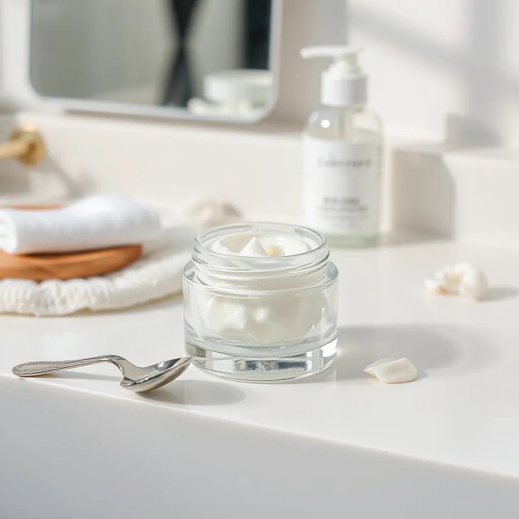 Translucent facial gel cream in a minimalist jar with a small spatula on a clean white vanity