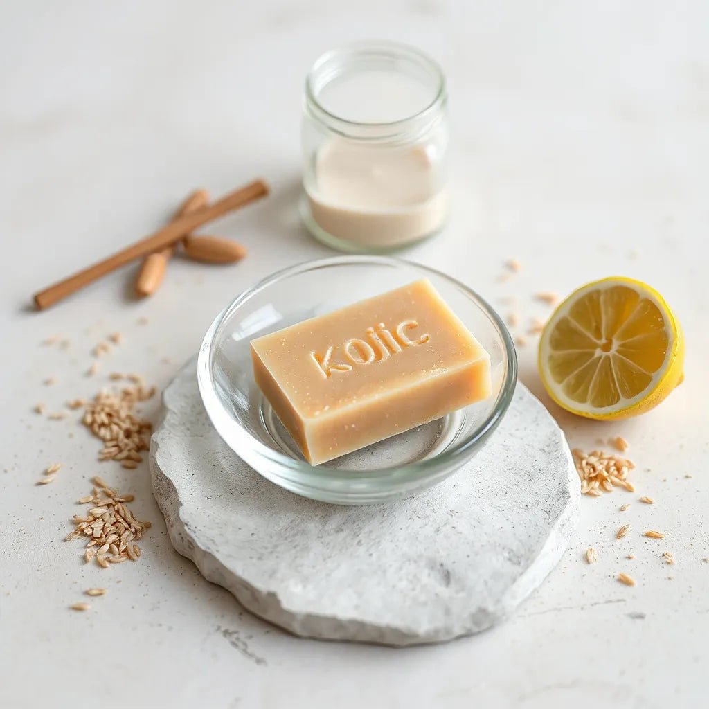 Kojic acid soap bars and natural brightening ingredients on a clean stone surface