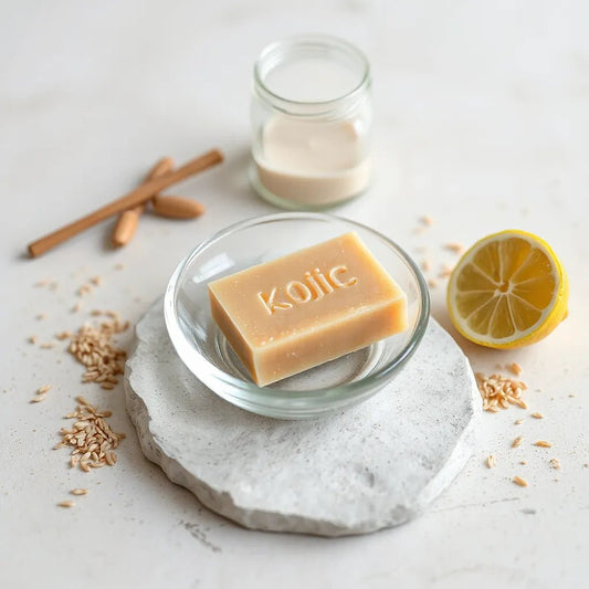 Kojic acid soap bars and natural brightening ingredients on a clean stone surface
